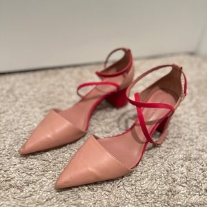 CHARLES & KEITH BLOCK HEELS IN PINK AND RED.